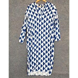 Felix 100% Linen Dress Womens Medium ZigZag Geometric Blue White 70s Inspired